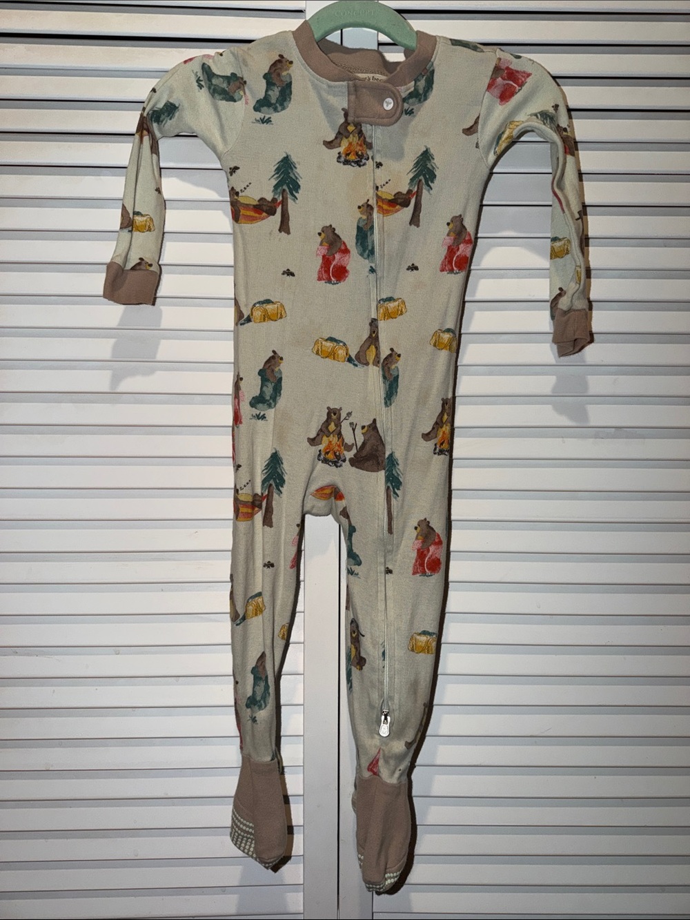 Cream Bear and Camp Print Footed One-Piece Pajamas for Kids